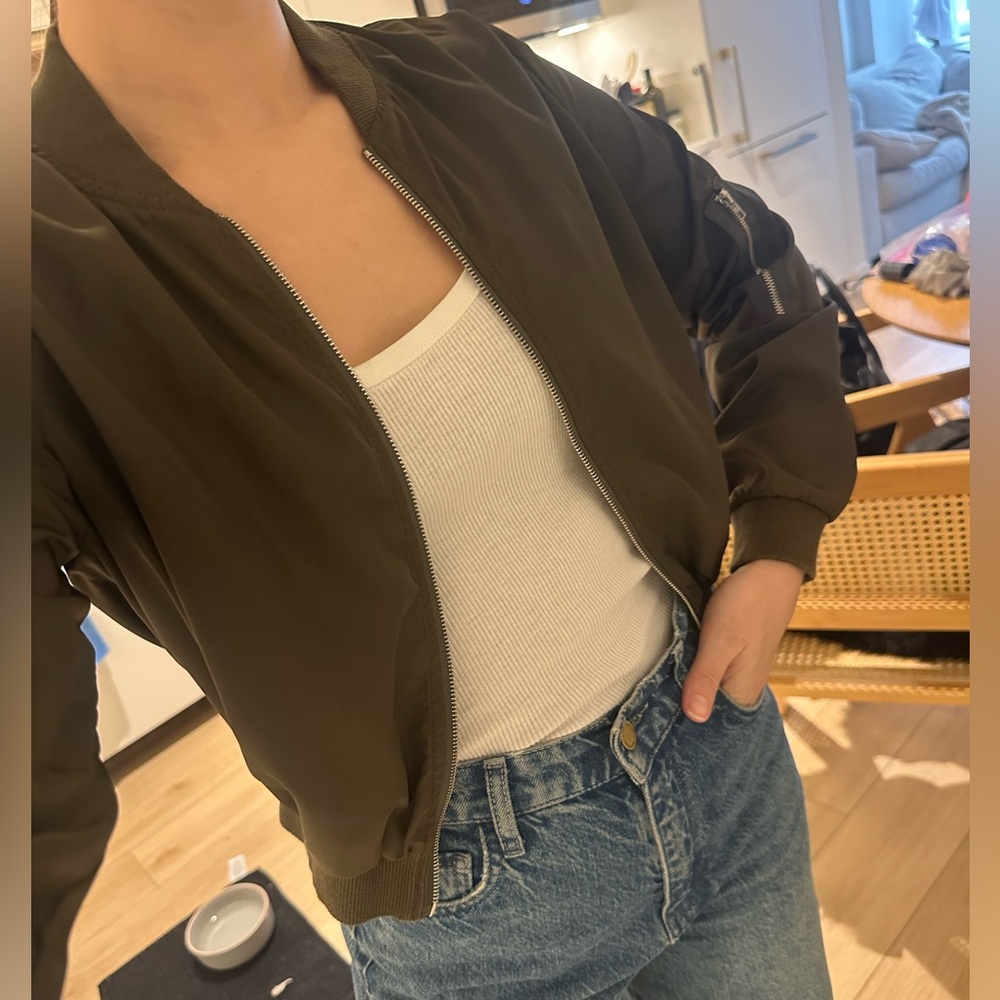 HM Army Green Long Sleeve Semi-bomber Jacket with Zipper Detailing on Sleeve